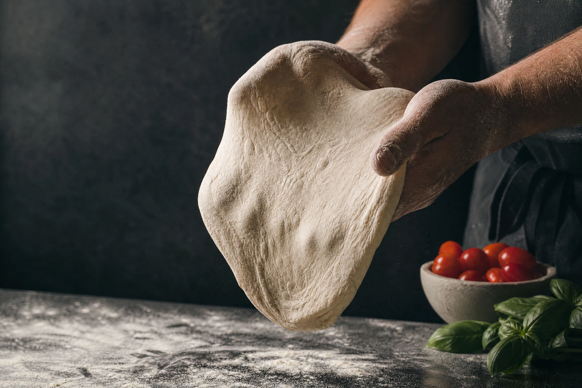Pizza dough being stretched by hand